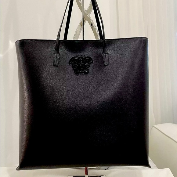 Versace Handbags - VERSACE Black Zipper Texture Leather Top Tote With Pouch /Black Medusa NWT!
